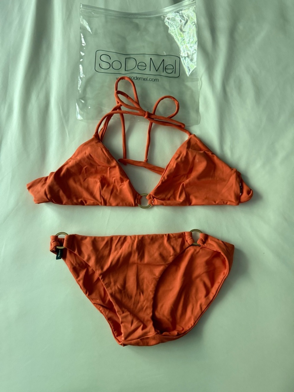 Odeme Coral-Orange Bikini Top with Gold Logo Tag